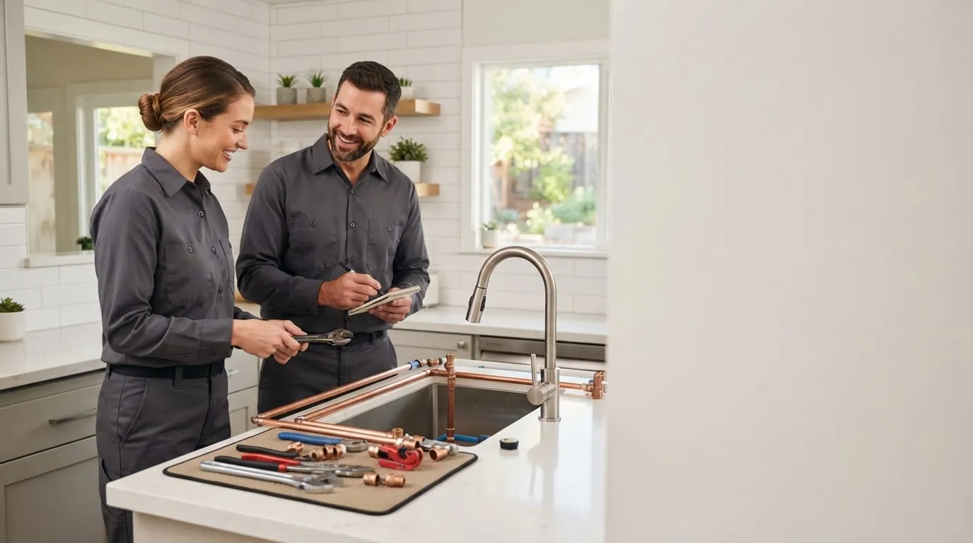 Two plumbers reviewing a job at a customer’s home