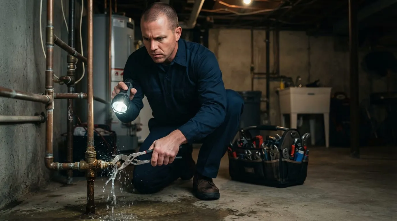 An emergency plumber responding to a burst pipe