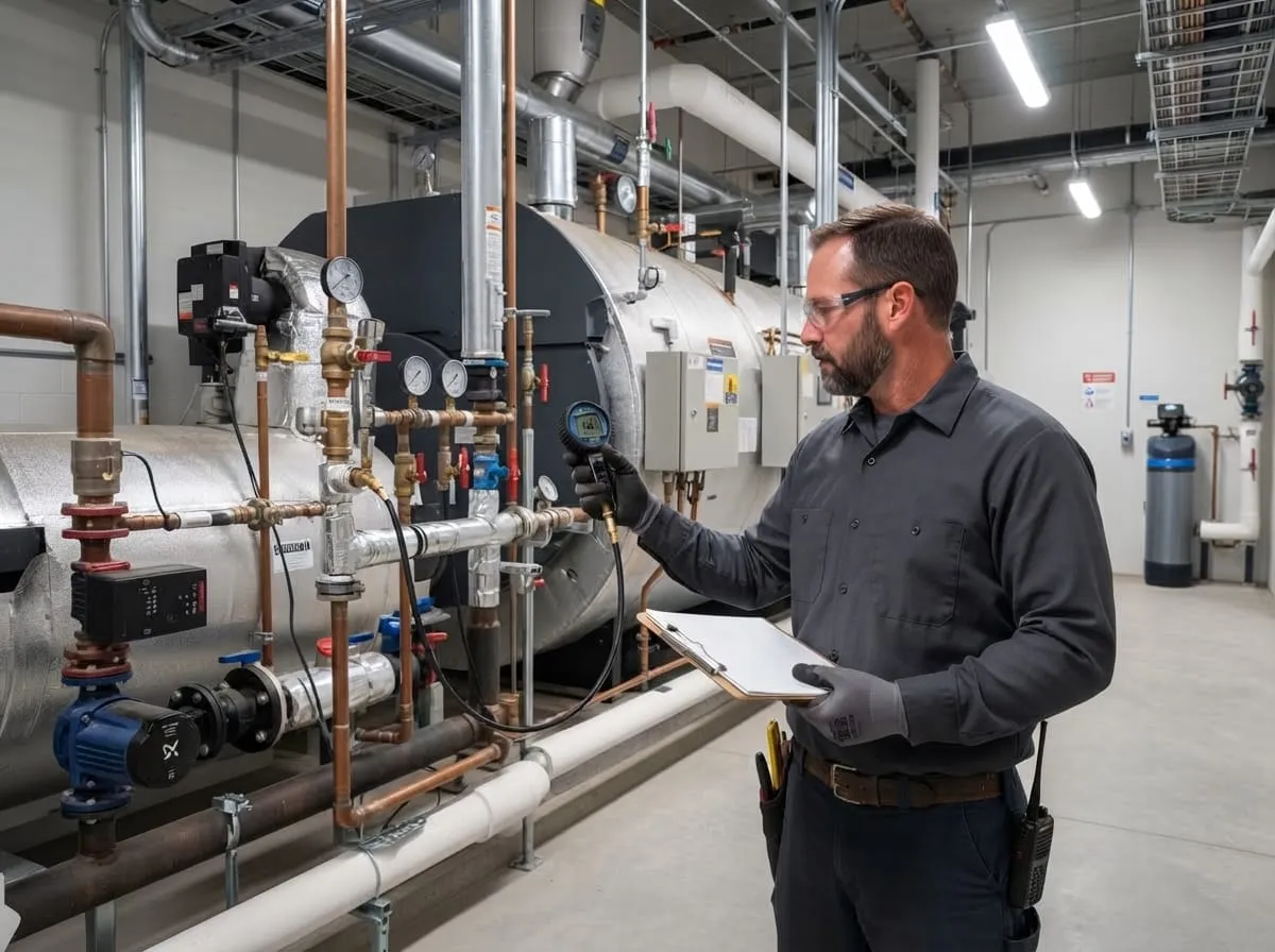 A technician performing a plumbing inspection